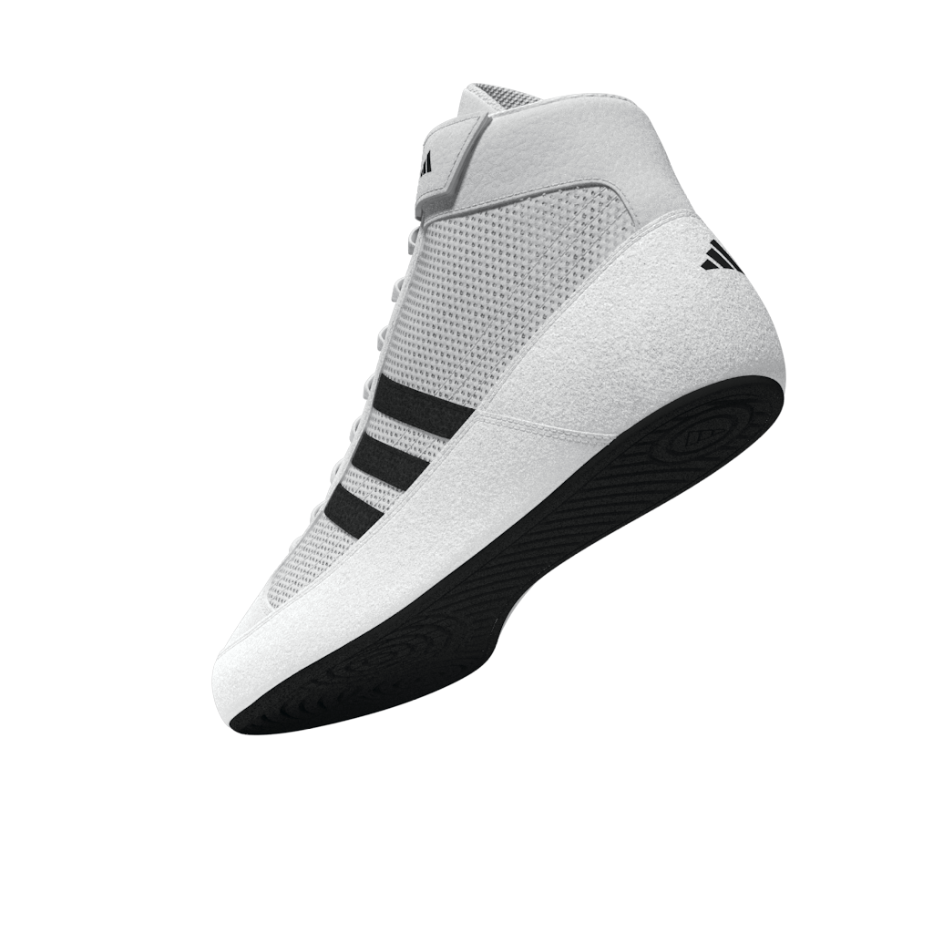 Weiße Ringerschuhe mit schwarzem adidas-Design – geeignet für Ringen, Jiu-Jitsu, MMA und Grappling auf jedem Trainingsniveau.