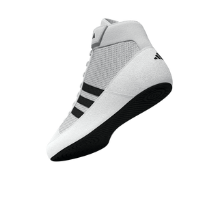 Weiße Ringerschuhe mit schwarzem adidas-Design – geeignet für Ringen, Jiu-Jitsu, MMA und Grappling auf jedem Trainingsniveau.