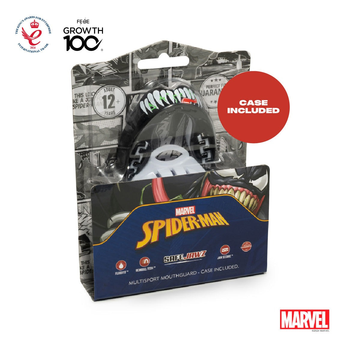 Professioneller Kampfsport-Zahnschutz von SAFEJAWZ mit Venom-Grafik aus dem Marvel-Universum – auffällig, sicher und bequem im Mund.