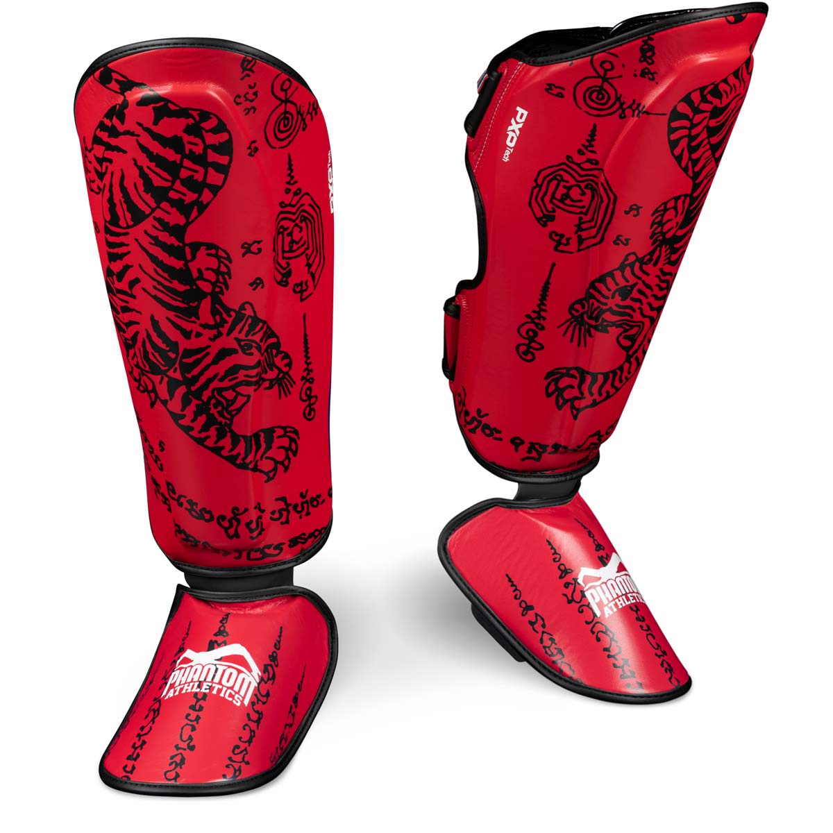 Phantom Muay Thai shin guard for Thai boxing and MMA sparring, competition and training. In the traditional Sak Yant design and the color red.