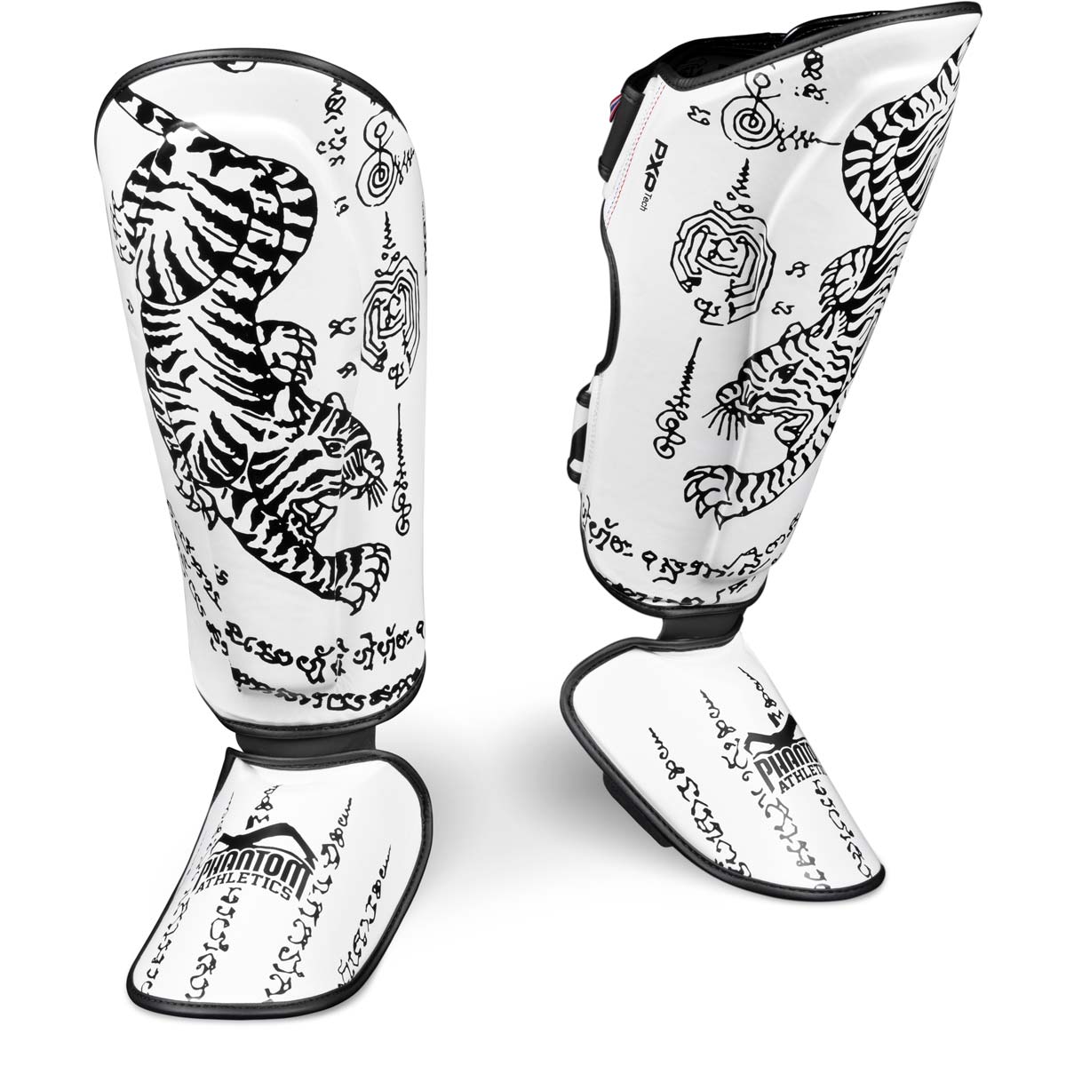 Phantom Muay Thai shin guard for Thai boxing and MMA sparring, competition and training. In the traditional Sak Yant design and the color white.
