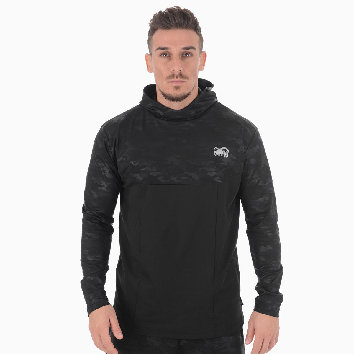 Leichter Phantom Athletics Shadow Hoodie in Grau/Camo, perfekt für Outdoor-Training, Lauf-Einheiten und Kampfsport-Workouts bei schlechten Lichtverhältnissen.