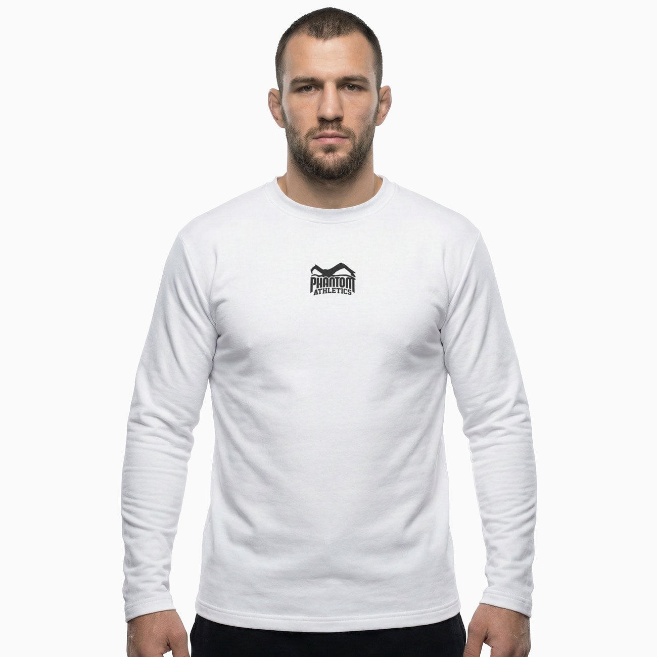 Weißer Phantom Athletics Sweater Team aus hochwertigem Performance‑Material, ideal für Aufwärmen, Training und MMA‑Workouts im Gym. Der sportliche Kampfsport‑Sweater kombiniert angenehme Wärme mit Bewegungsfreiheit für Boxen, Jiu‑Jitsu und Muay Thai. Perfekt für Fighter, die funktionellen Komfort und Street‑Style verbinden.