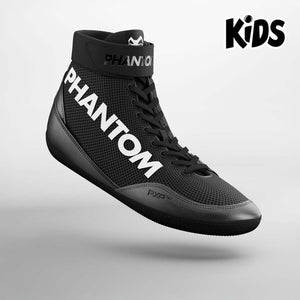 Phantom Athletics Ringerschuhe in Kindergröße – optimaler Tragekomfort und perfekte Passform für das Kampfsporttraining in Schwarz.