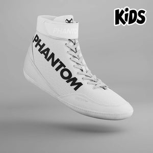 Weiße Ringerschuhe für Kinder von Phantom Athletics – ideal für Ringen, MMA und Grappling. Leichtes Design mit optimalem Grip für maximale Kontrolle auf der Matte.