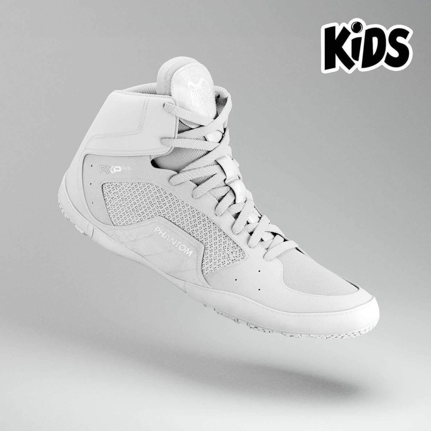 Phantom Athletics Kinder Ringerschuhe Tactic Weiß, speziell entwickelt für junge Kampfsportler. Diese leichten und robusten Schuhe bieten optimalen Halt und Schutz auf der Matte, ideal für Training und Wettkämpfe.