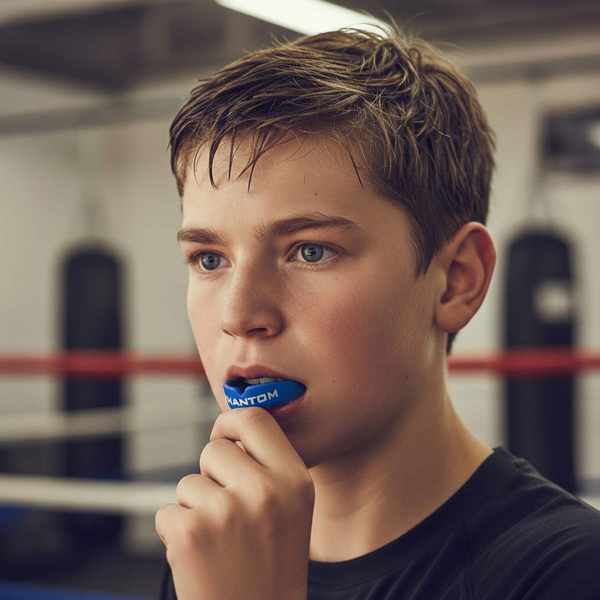 Hochwertiger Phantom Athletics Kinder-Zahnschutz „Apex“ in Blau – ideal für Schutz bei MMA, Boxen, Kickboxen &amp; Sparring. Der anatomische Sitz sorgt für Komfort und Sicherheit bei Kinder-Trainings.