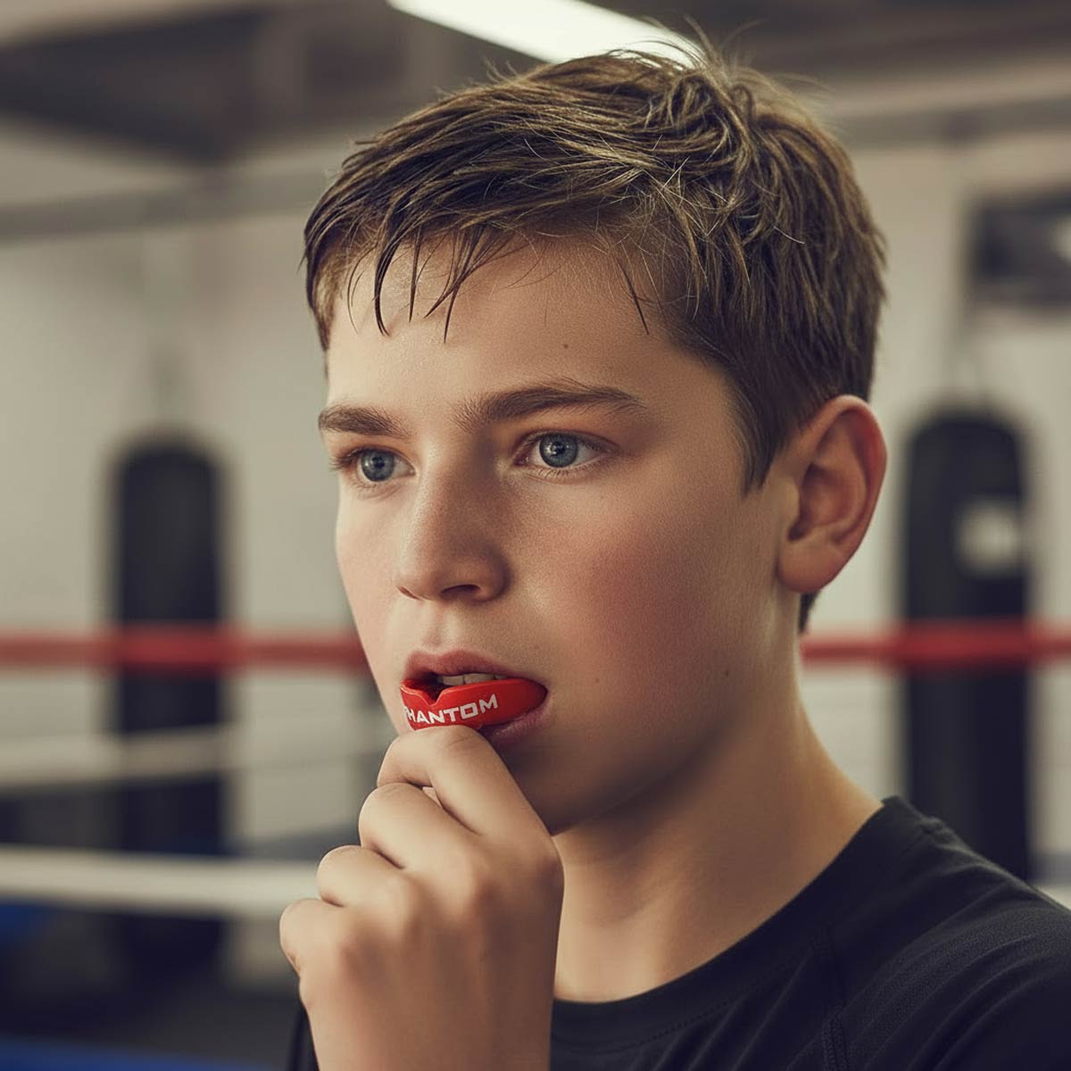 Hochwertiger Phantom Athletics Kinder-Zahnschutz „Apex“ in Rot – ideal für Schutz bei MMA, Boxen, Kickboxen &amp; Sparring. Der anatomische Sitz sorgt für Komfort und Sicherheit bei Kinder-Trainings.