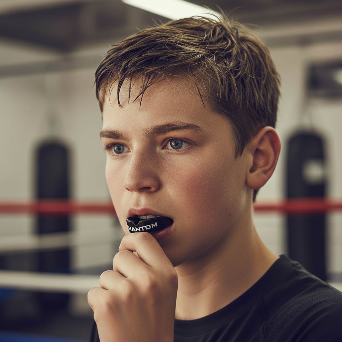 Hochwertiger Phantom Athletics Kinder-Zahnschutz „Apex“ in Schwarz – ideal für Schutz bei MMA, Boxen, Kickboxen &amp; Sparring. Der anatomische Sitz sorgt für Komfort und Sicherheit bei Kinder-Trainings.