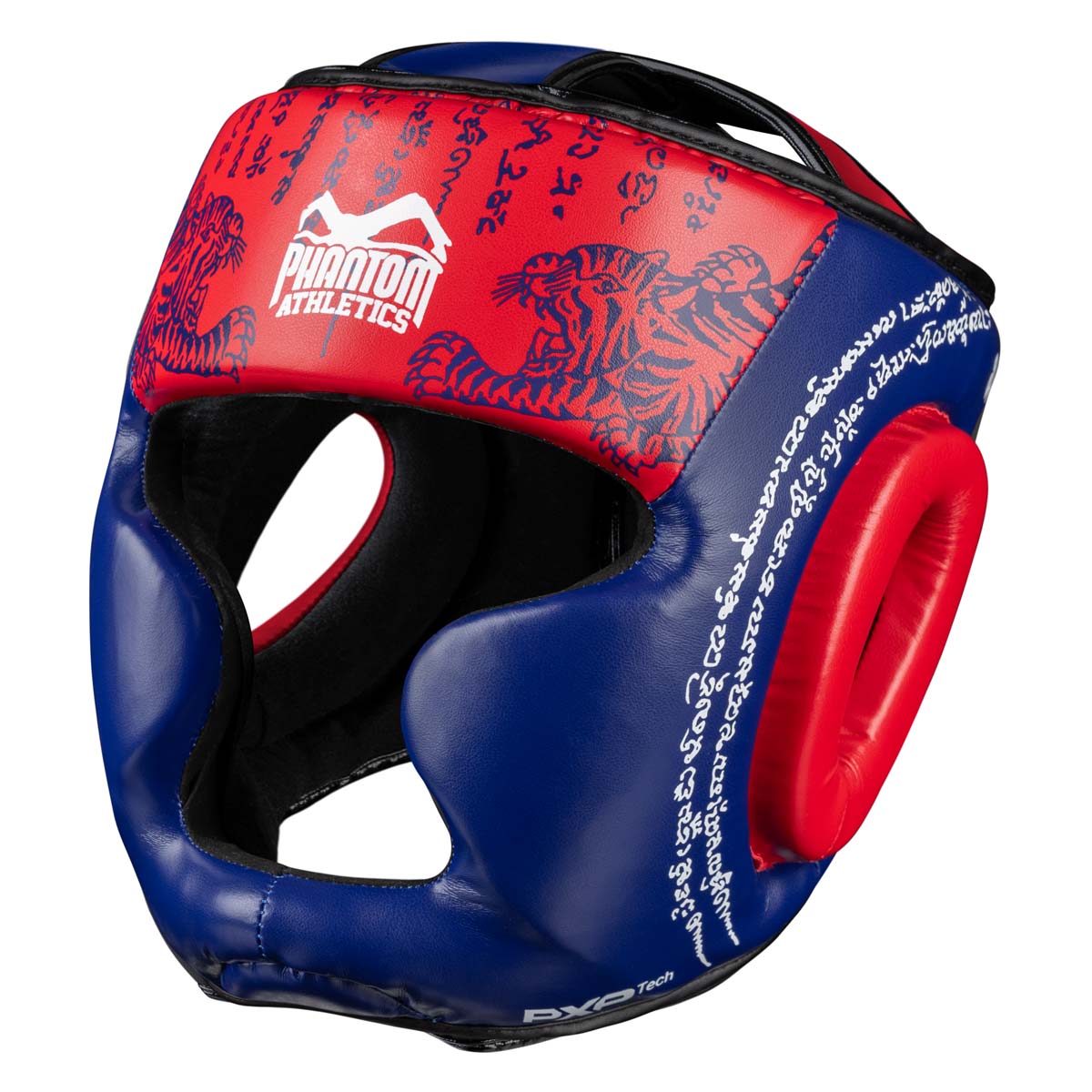 Protección de cabeza Phantom Muay Thai para combate, competición y entrenamiento de boxeo tailandés y MMA. Con el diseño tradicional de Sak Yant y el color azul/rojo.