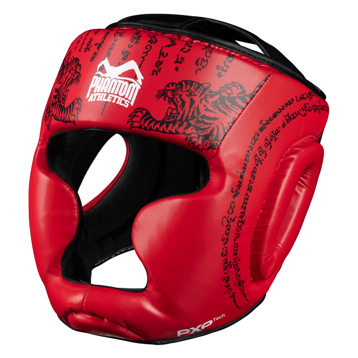 Phantom Muay Thai head protection for Thai boxing and MMA sparring, competition and training. In the traditional Sak Yant design and the color red.
