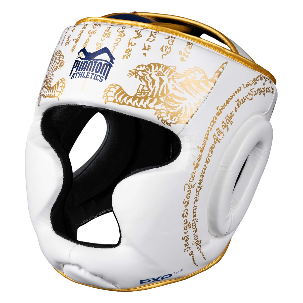 Phantom Muay Thai head protection for Thai boxing and MMA sparring, competition and training. In the traditional Sak Yant design and the color white/gold.