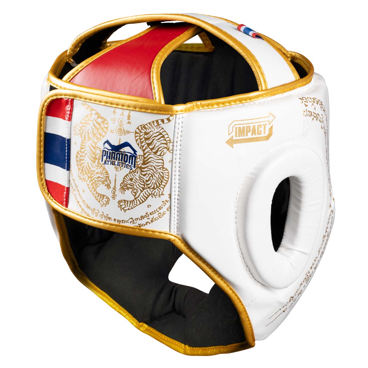 Phantom Muay Thai Kopfschutz für Thaiboxen und MMA Sparring, Wettkampf und Training. Im traditionellen Sak Yant Design und der Farbe Weiß/Gold.