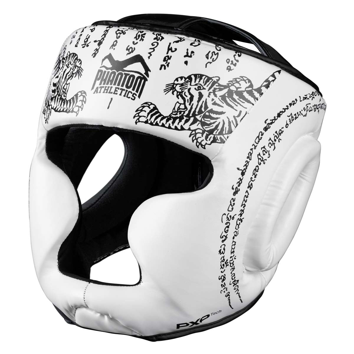 Phantom Muay Thai head protection for Thai boxing and MMA sparring, competition and training. In the traditional Sak Yant design and the color white.