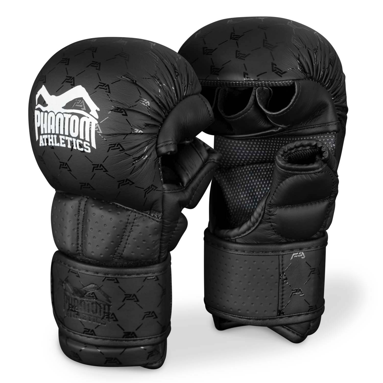 Schwarze Phantom Elite MMA Sparringhandschuhe mit offener Handfläche und extra starker Polsterung – ideal für intensives Sparring, Training und Grappling im Kampfsportbereich.
