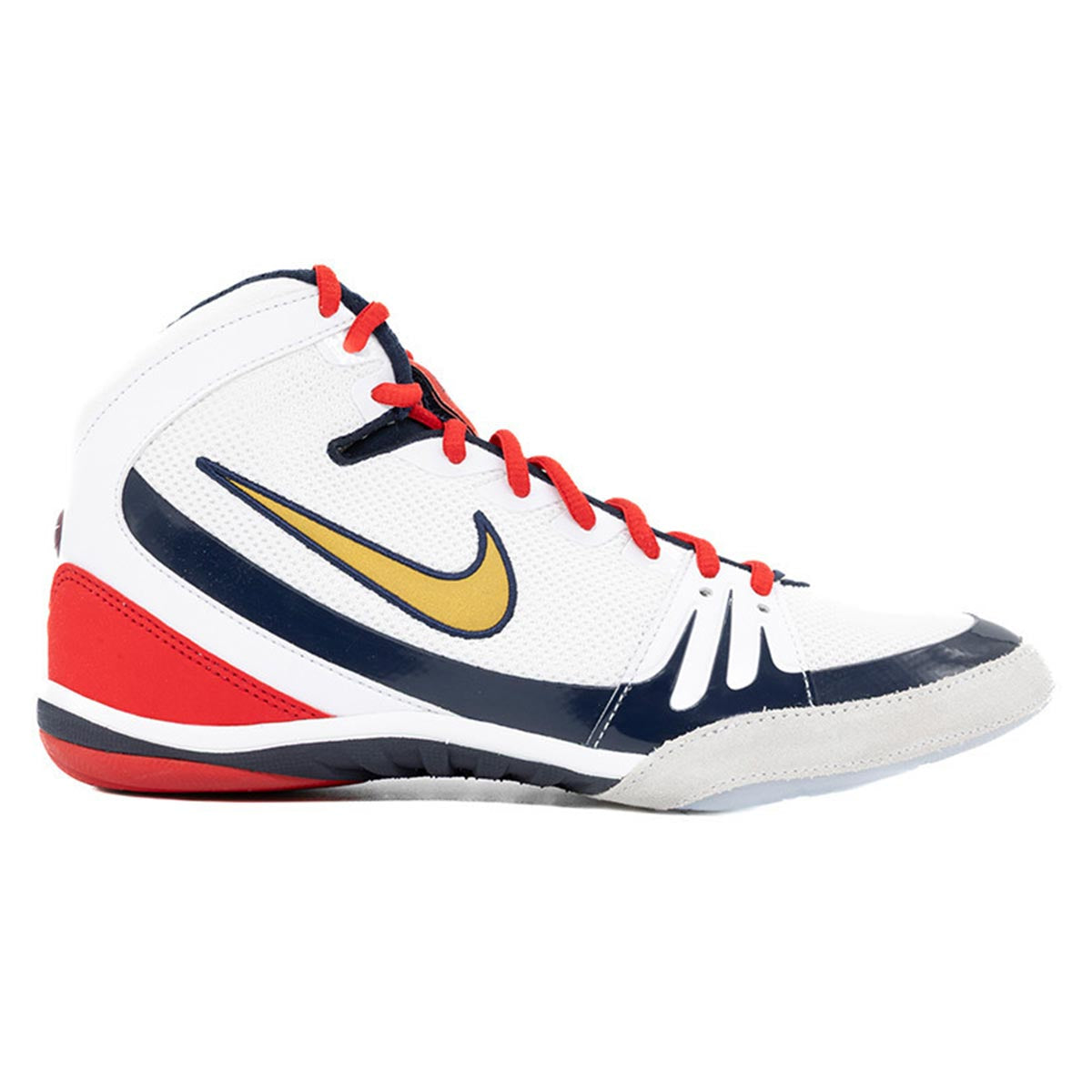 Nike Freek SE Wrestling Shoes in Weiß, Gold und Navy für intensives Ringen und Grappling auf der Matte. Die leichten Ringerschuhe bieten starken Halt und maximale Traktion für schnelle Bewegungen im Training und Wettkampf.