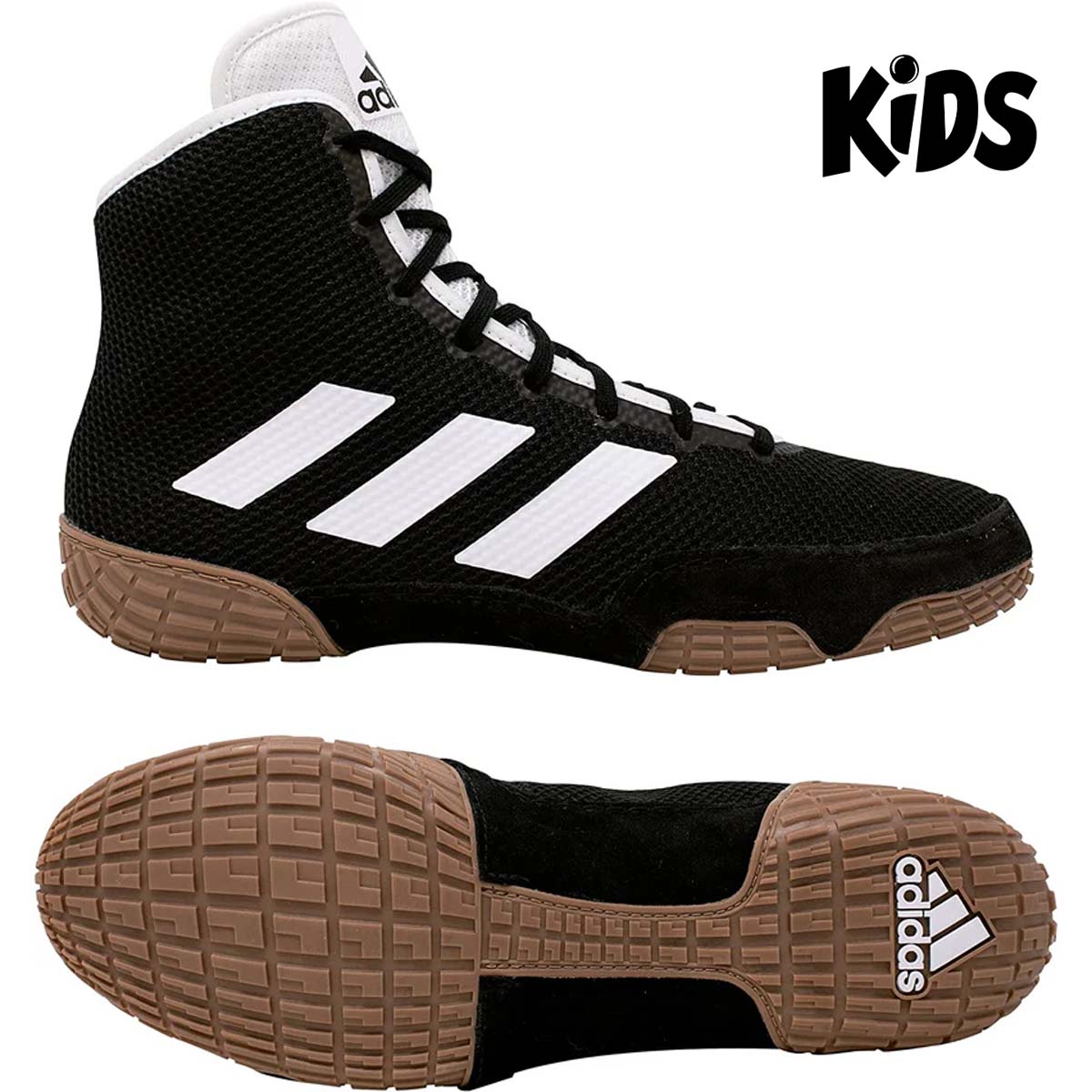 Kinder Ringerschuhe Adidas Tech Fall 2 in Schwarz, perfekt für junge Ringer und Grappler. Diese leichten und robusten Schuhe bieten hervorragenden Halt, Stabilität und Komfort für Training und Wettkämpfe.