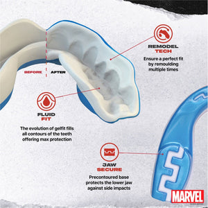 SafeJawz Captain America Mouthguard – robuster Zahnschutz im Marvel-Design, speziell für intensive Kampfsporteinheiten entwickelt. Bietet zuverlässige Sicherheit bei jedem Schlag.