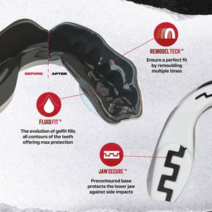 Hochwertiger Mundschutz von Safejawz mit auffälligem Schnurrbart-Motiv – entwickelt für Training und Sparring im Kampfsport. Optimal geeignet für Muay Thai, Grappling oder Jiu-Jitsu, mit hohem Tragekomfort und Schutzwirkung.