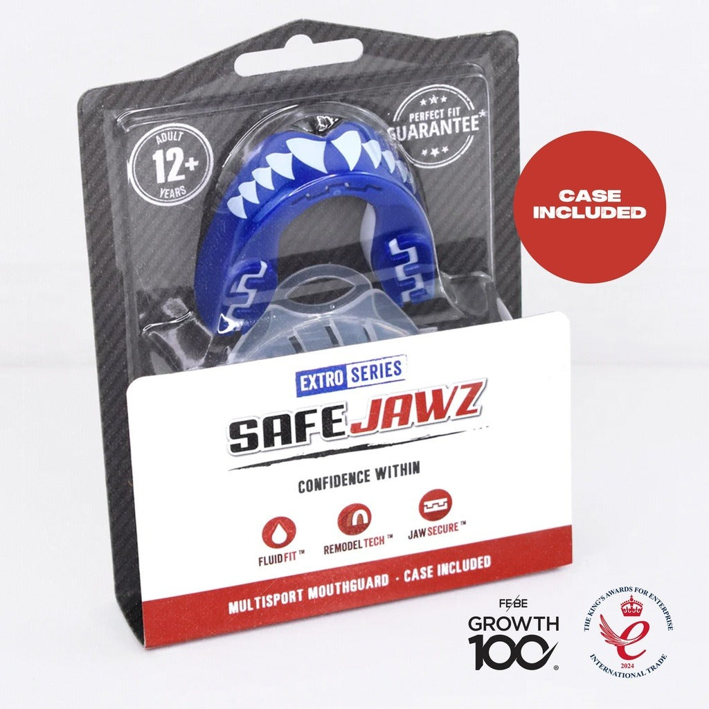 Kampfsport-Zahnschutz mit Charakter: Safejawz kombiniert mit der Extro Series „Shark“ souveränen Schutz mit individuellem Design – ideal für leistungsorientiertes Training in MMA oder Grappling.