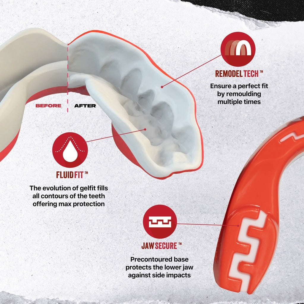 Safejawz Viper-Zahnschutz – Extro Series Rot kombiniert ein markantes Schlangenmotiv mit maximalem Schutz im Sparring oder Wettkampf. Dank Jaw Secure™ werden Ober- und Unterkiefer stabilisiert – ideal beim MMA-, Muay Thai- oder Grappling-Training.