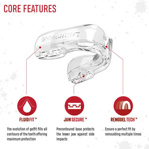 Transparentes Design, starke Performance – Safejawz Intro Series. Remodel Tech™ ermöglicht mehrfaches Nachformen für eine perfekte Passform, ideal für Trainingseinheiten in MMA, Grappling oder Muay Thai.