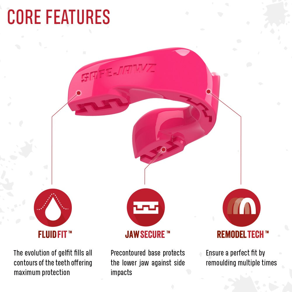 Safejawz Intro Series Mundschutz in Pink vereint stylisches Design mit zuverlässigem Schutz. Mit Remodel Tech™ anpassbar für optimalen Sitz – besonders geeignet für Anfänger im Kampfsport.