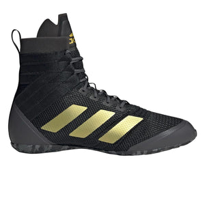 Schwarze‑goldene Adidas Speedex Boxing Shoes mit atmungsaktivem Mesh‑Obermaterial und rutschfester Gummisohle für maximale Agilität, Grip und Komfort im Ring beim täglichen Box‑ und Sparring‑Training.
