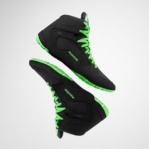 Ringerschuhe Tactic Schwarz-Neon-Grün von Phantom Athletics, ideal für Ringer und Kampfsportler. Die ergonomische Passform und das moderne Design sorgen für ein Höchstmaß an Komfort und Leistung.