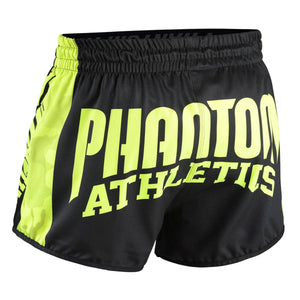 Revolution Black Neon Fight Shorts von Phantom Athletics, speziell entwickelt für anspruchsvolle Kampfsportler. Mit robustem Material und modernem Look kombinieren sie Funktionalität und Stil für Höchstleistungen im Training.