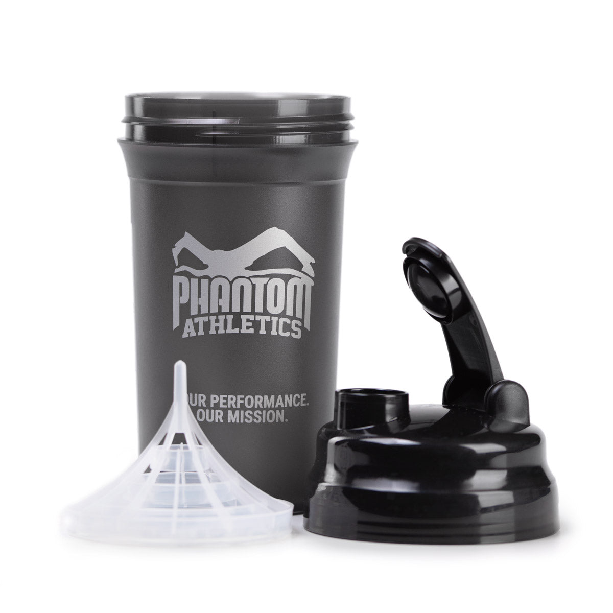 Die Einzelteile des Phantom Athletics Shakers bestehend aus Cup, Deckel und Sieb zum Mixen.