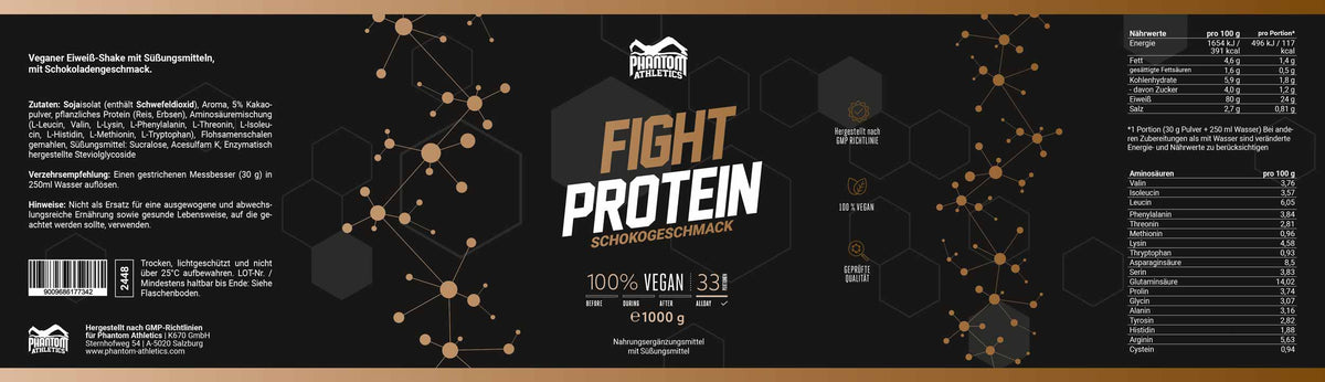 Die Inhaltsstoffe des Phantom FIGHT Proteins für Kampfsportler. Mit leckerem Schoko Geschmack.