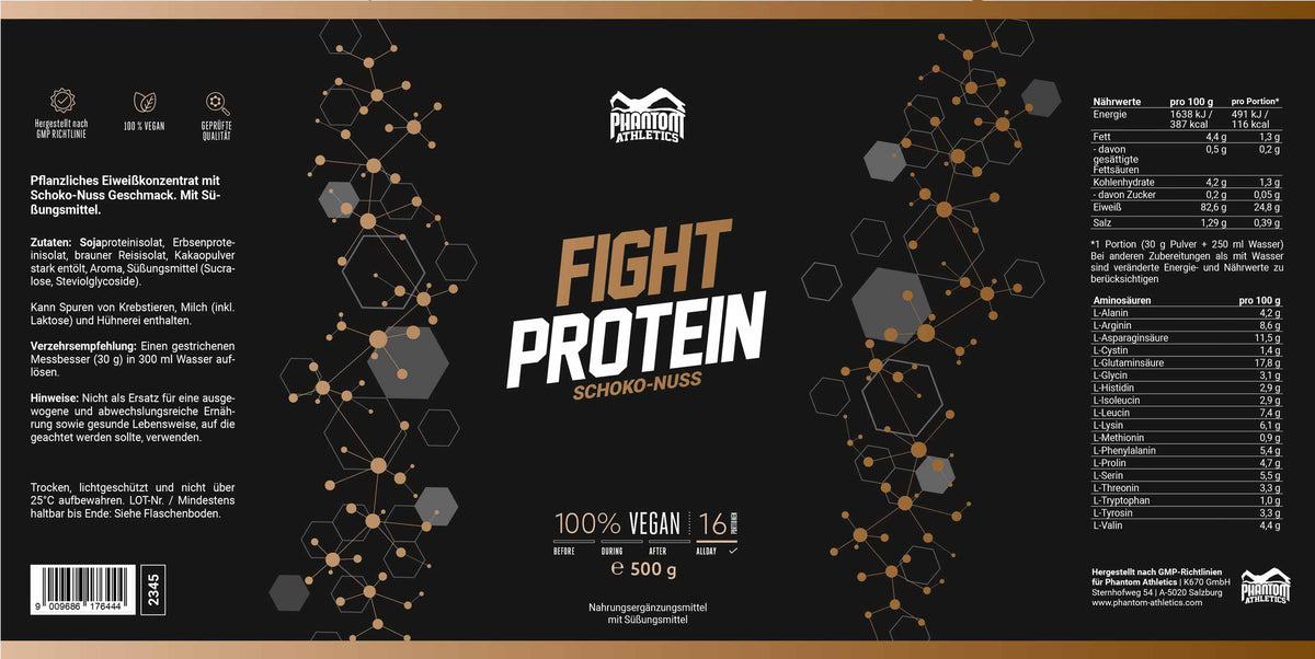 Die hochwertigen Inhaltsstoffe des Phantom FIGHT Proteins für Kampfsportler mit Schoko Nuss Geschmack.