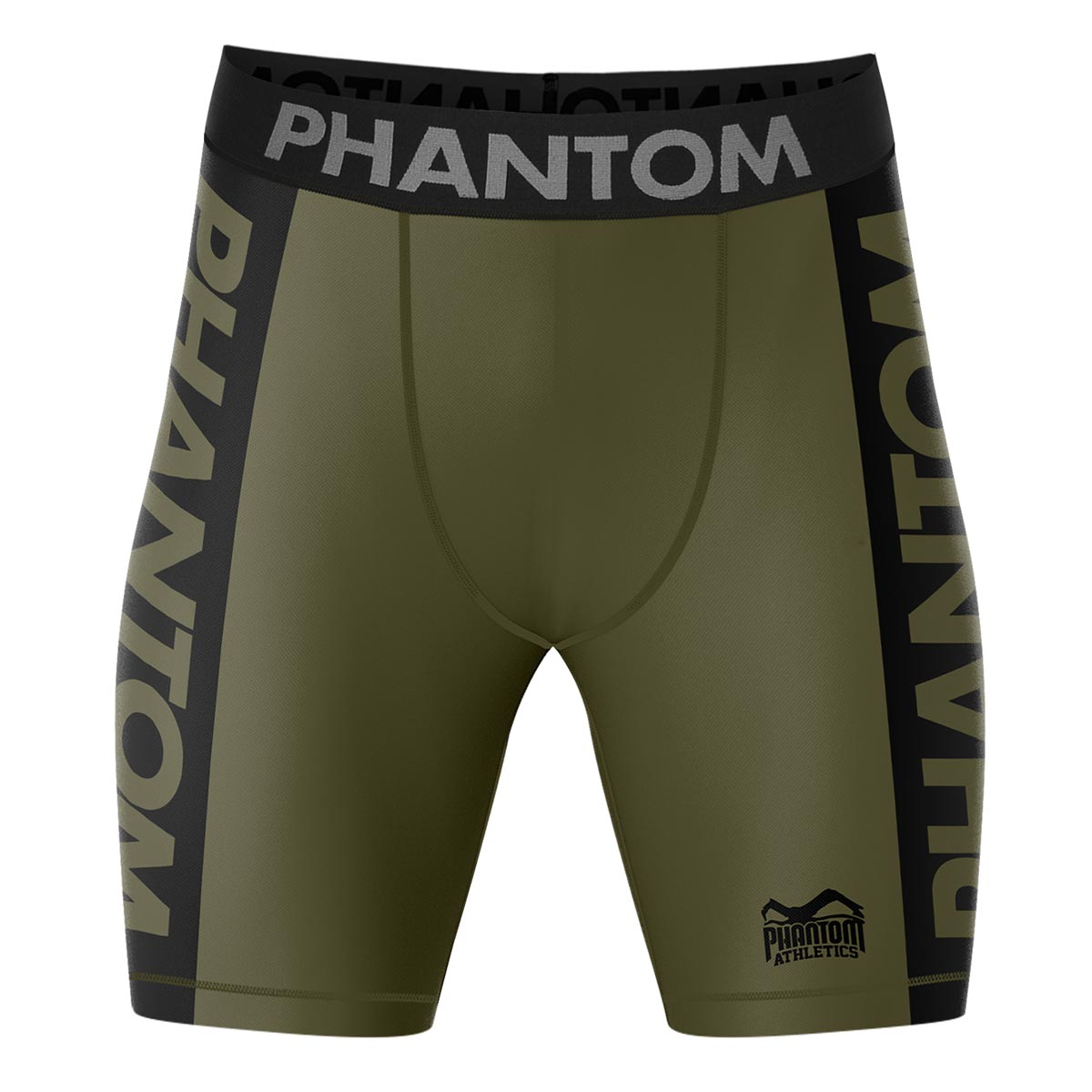 Pantaloncini da combattimento a compressione Phantom in colore militare/verde. Massimo comfort e libertà di movimento. Ideale per le tue arti marziali. 
