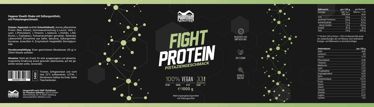 Die Inhaltsstoffe des Phantom FIGHT Proteins für Kampfsportler. Mit leckerem Pistaziengeschmack.