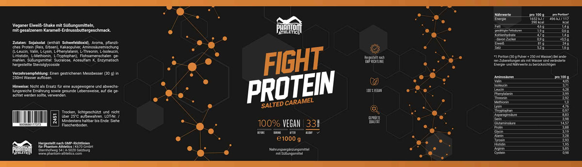 Die Inhaltsstoffe des Phantom FIGHT Proteins für Kampfsportler mir Salted Karamell Geschmack.