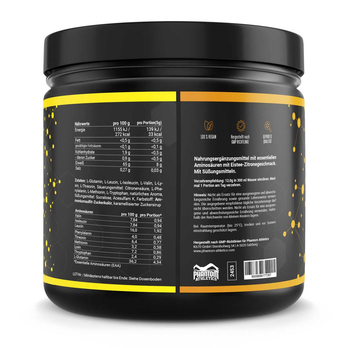 Phantom EAA - Essentielle Aminosäuren mit Eistee Zitronen Geschmack. Für eine optimale Versorgung im Kampfsport mit hochwertigen Inhaltsstoffen.