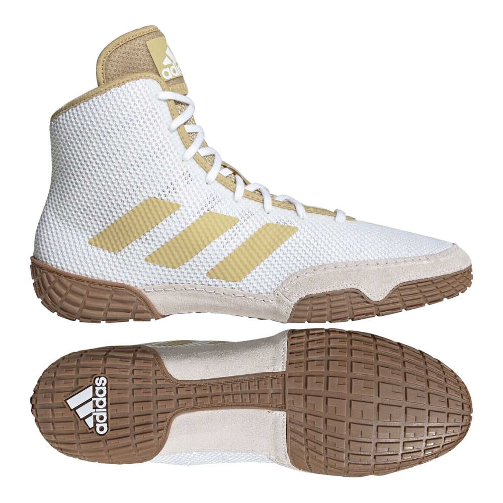 Adidas Tech Fall 2 Ringerschuhe in Weiß/Gold – Leichte, atmungsaktive Ringerschuhe mit flexiblem Obermaterial, ideal für intensives Wrestling-Training und Wettkämpfe.