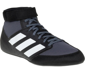 Leistungsstarke Adidas Mat Hog 2 Ringerschuhe in Schwarz und Grau. Unterstützt schnelle Bewegungen und bietet sicheren Halt für Training und Wettkämpfe im Kampfsport.