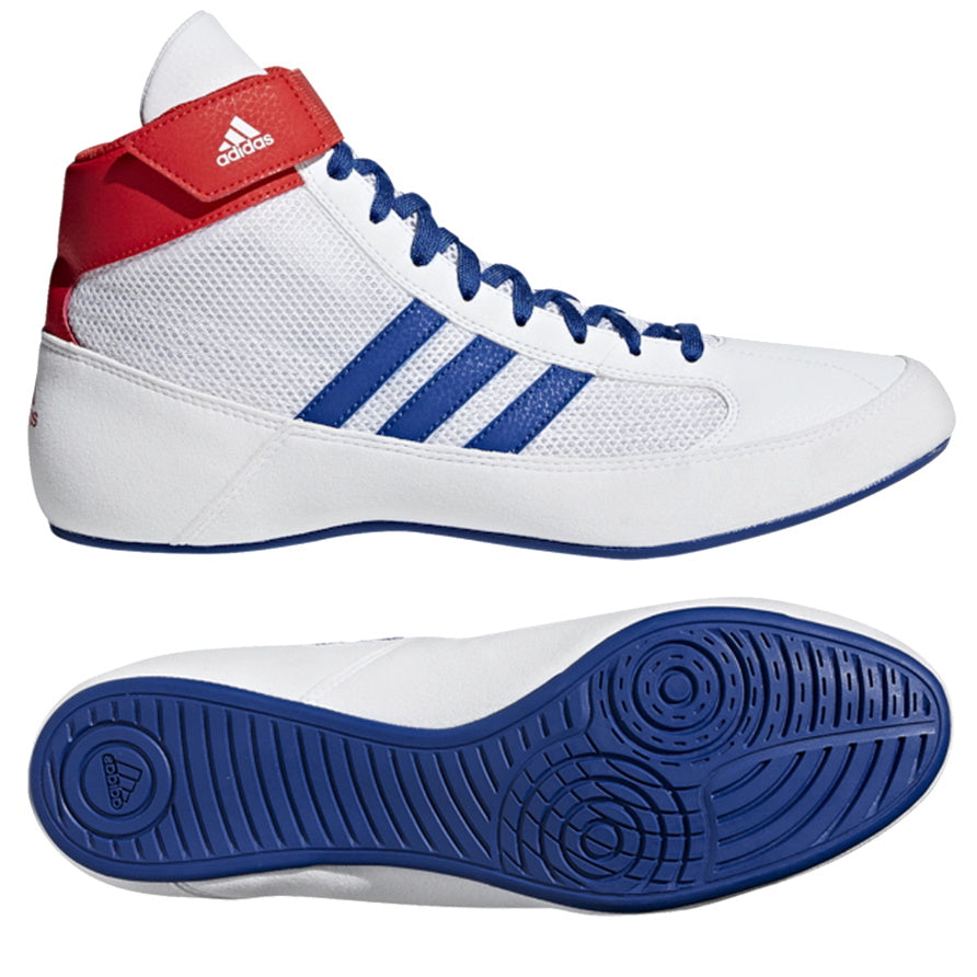 Adidas Havoc wrestling shoes in the color white/blue/red. A slim, minimalist wrestling shoe with great traction and an extra Velcro ankle strap to keep the laces securely tucked away. Ideal for training and competition.