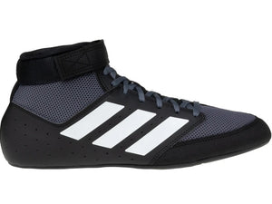 Adidas Mat Hog 2 Wrestling Schuhe in Schwarz-Grau, ideal für Ringer und Kampfsportler. Leichtes Design und griffige Sohle sorgen für maximale Stabilität und Beweglichkeit auf der Matte.
