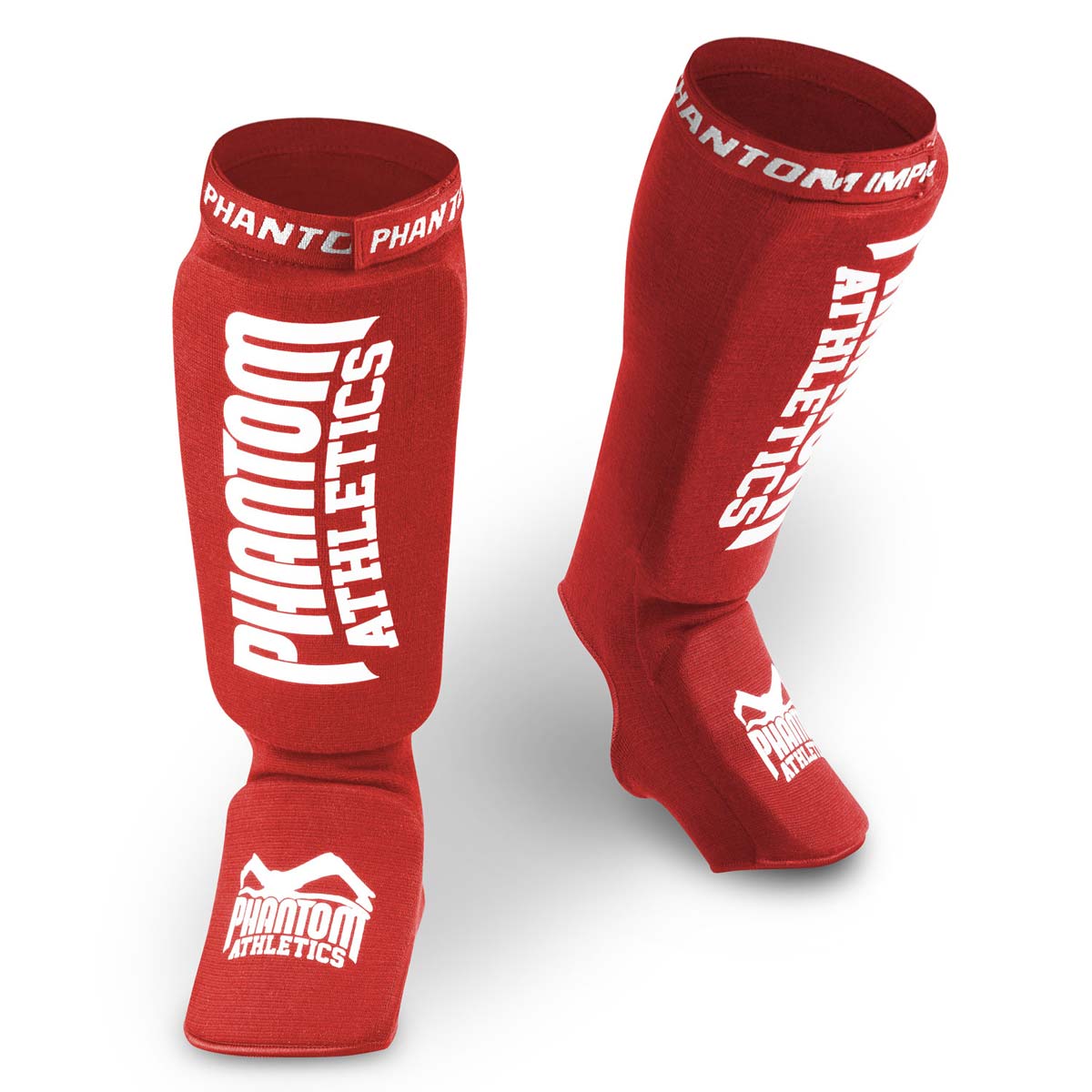 Las espinilleras Phantom Impact MMA en color rojo para entrenamiento y competición de artes marciales.