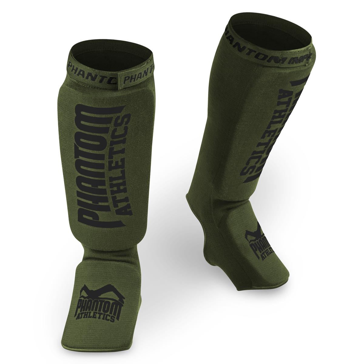 Armijos žalios spalvos Phantom Impact MMA blauzdų apsaugos, skirtos kovos menų treniruotėms ir varžyboms.