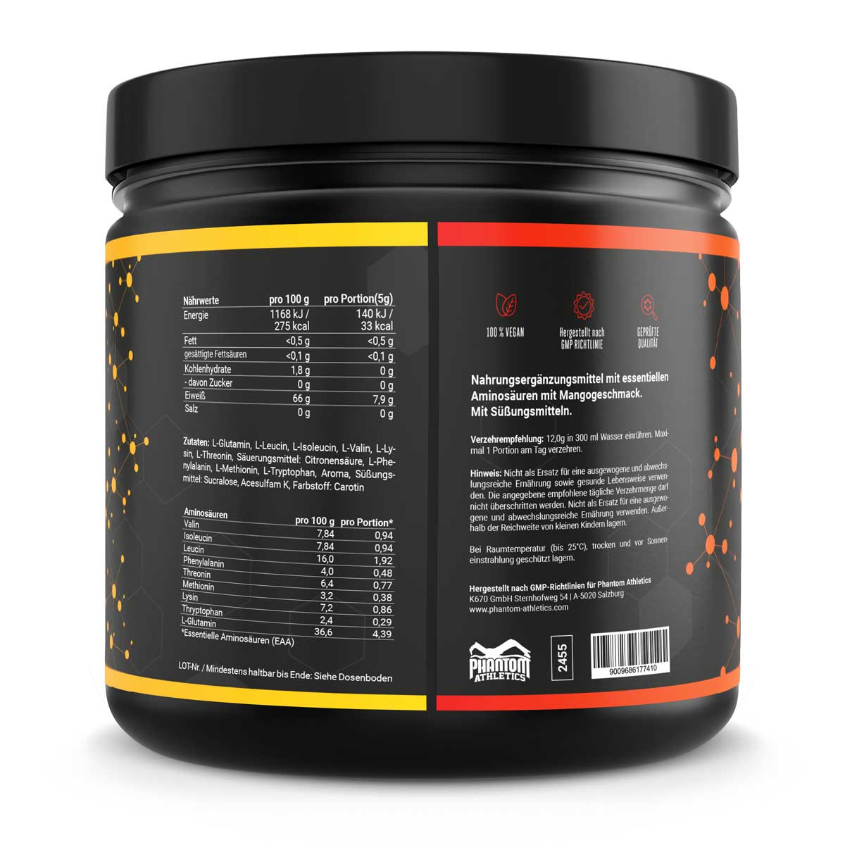 Phantom EAA - Essentielle Aminosäuren mit Mango  Geschmack. Für eine optimale Versorgung im Kampfsport mit hochwertigen Inhaltsstoffen.