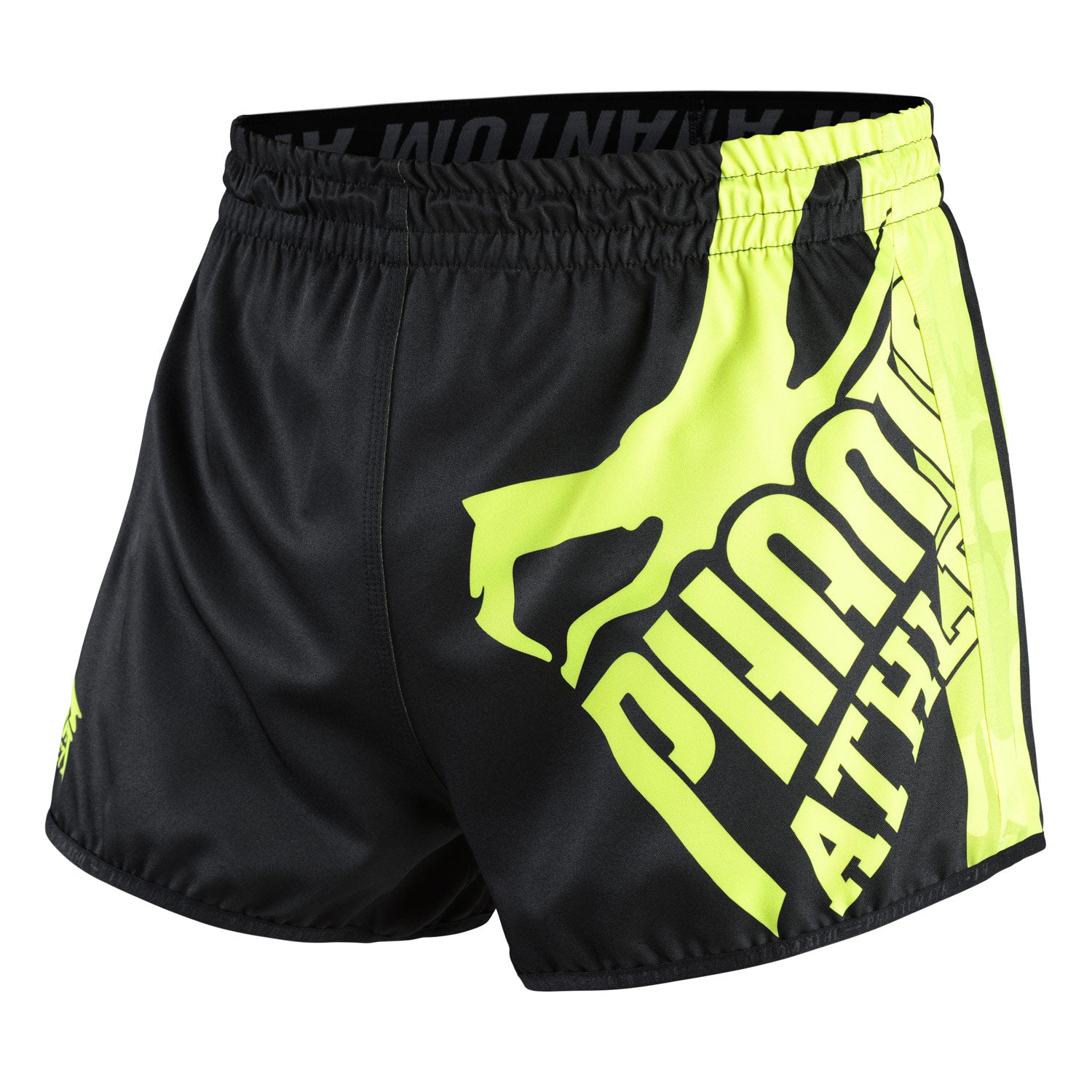 Phantom Athletics Fight Shorts Revolution Black Neon, ideal für MMA, Grappling und Kickboxen. Diese strapazierfähigen Shorts bieten maximale Bewegungsfreiheit, eine ergonomische Passform und ein auffälliges Neon-Design für Training und Wettkampf.