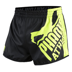 Phantom Athletics Fight Shorts Revolution Black Neon, ideal für MMA, Grappling und Kickboxen. Diese strapazierfähigen Shorts bieten maximale Bewegungsfreiheit, eine ergonomische Passform und ein auffälliges Neon-Design für Training und Wettkampf.