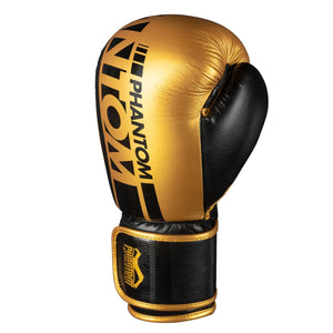Goldene Boxhandschuhe von Phantom Athletics, speziell entwickelt für intensives Training und Sparring. Exzellente Passform dank elastischem Verschluss für sicheren Halt.
