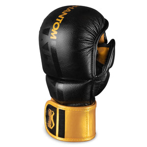 Goldene MMA-Handschuhe für Sparring und Grappling, entwickelt von Phantom Athletics für höchste Ansprüche im Kampfsport. Optimale Handgelenksunterstützung und perfekter Sitz.