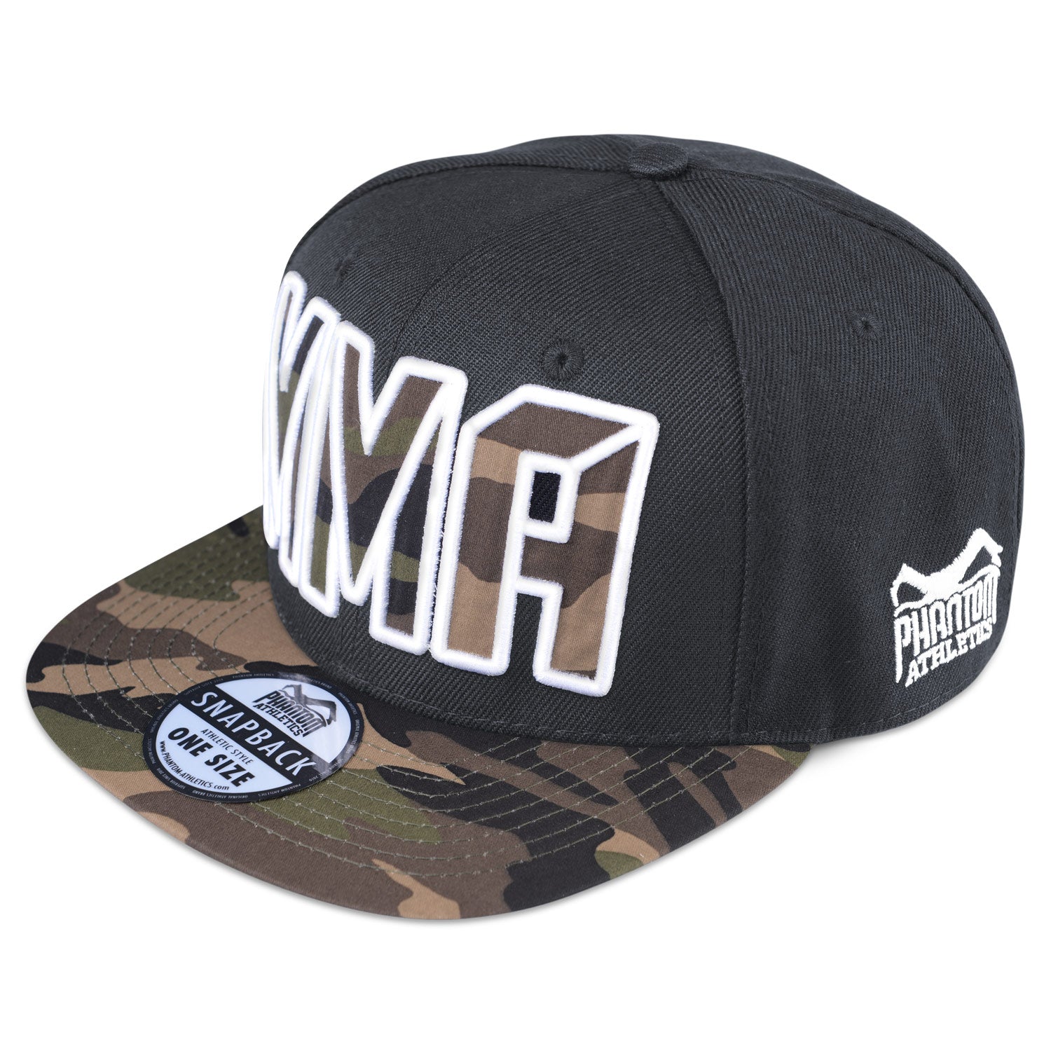 Phantom Cap für alle MMA Sportler und Fans. Schwarze Kappe mit Schirm in grün Camo und hochertig gesticktem MMA auf der Vorderseite. 