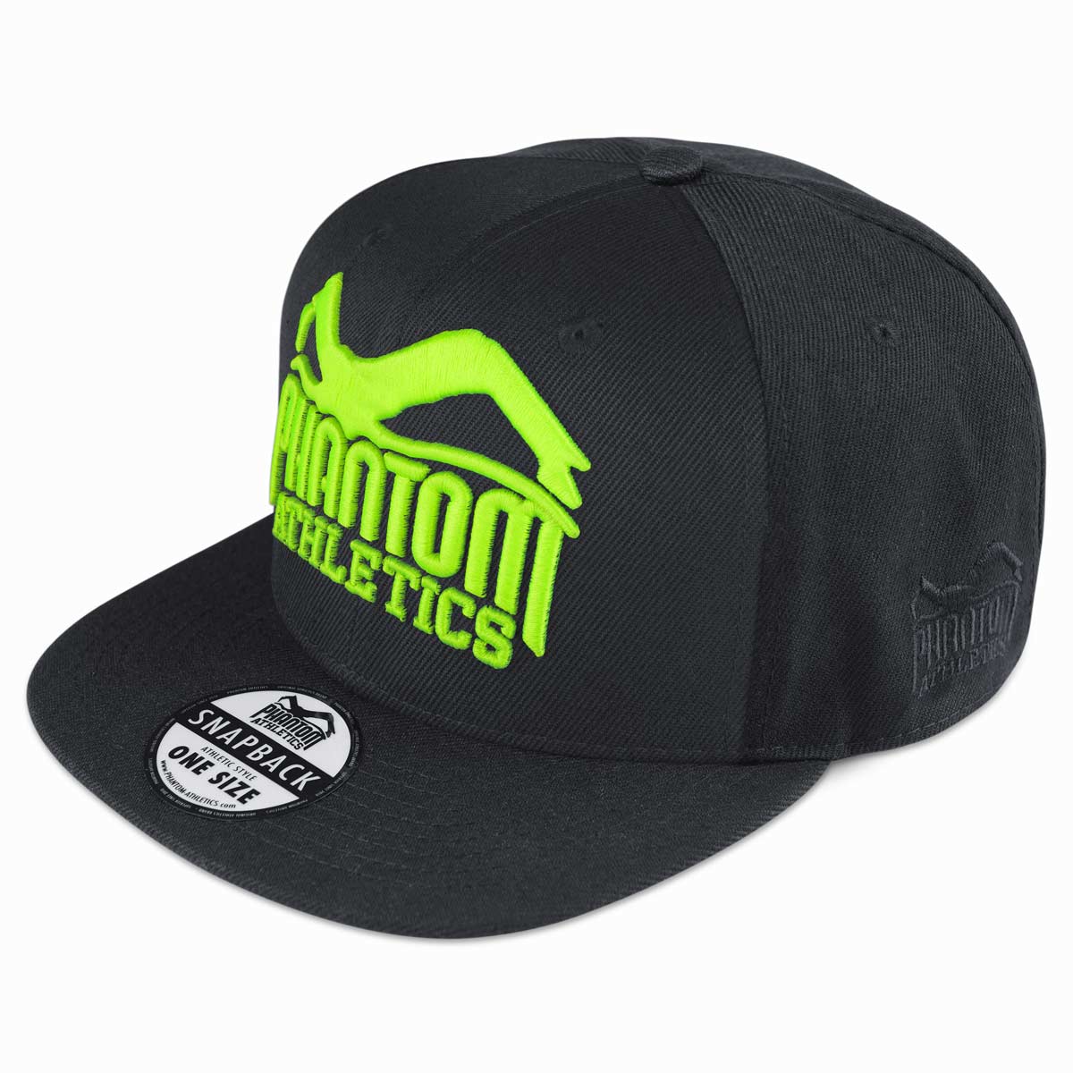 Phantom Cap für Kampfsportler. Schwarz/Neon Basecap mit flachem Schirm und hochwertig gesticktem Phantom Athletics Logo. Ideal für alle MMA Kämpfer, Boxer, BJJ Kämpfer, Thaiboxer oder Kickboxer.